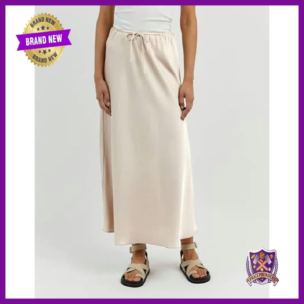 Satin Maxi Skirt High Waist Drawstring A-Line Flowy Long - Picture 7 of 8